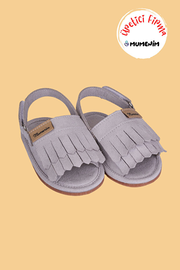 Willi Gray Suede Barefoot Non-Slip Sole Velcro Easy to Wear First Step Children's Tasseled Sandals