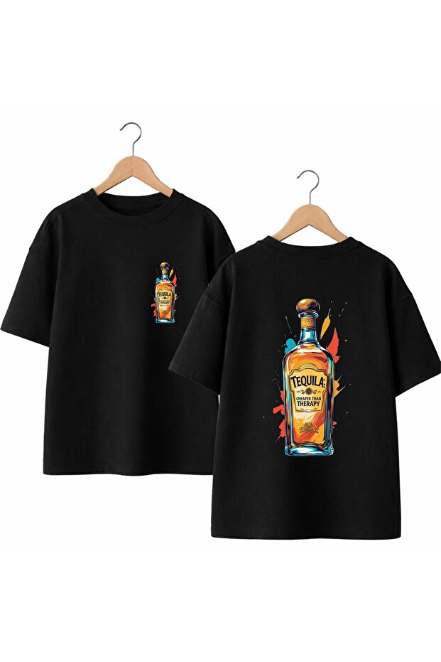 Therapy Tequıla Back and Front Chest Printed 100% Cotton Oversize Loose Regular Fit Crew Neck T-Shirt