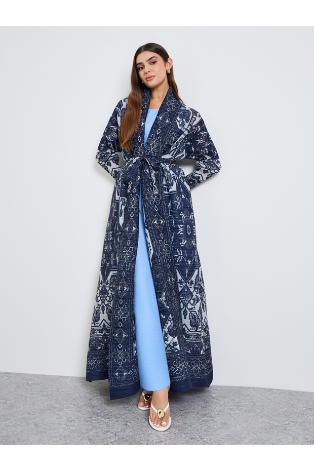 Dark Blue All Over Print Plisse Abaya with Tie-Belt