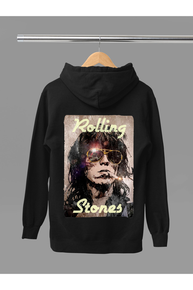Keith Richards Printed Cotton Long Sleeve 3-Yarn Hooded Rock Sweatshirt