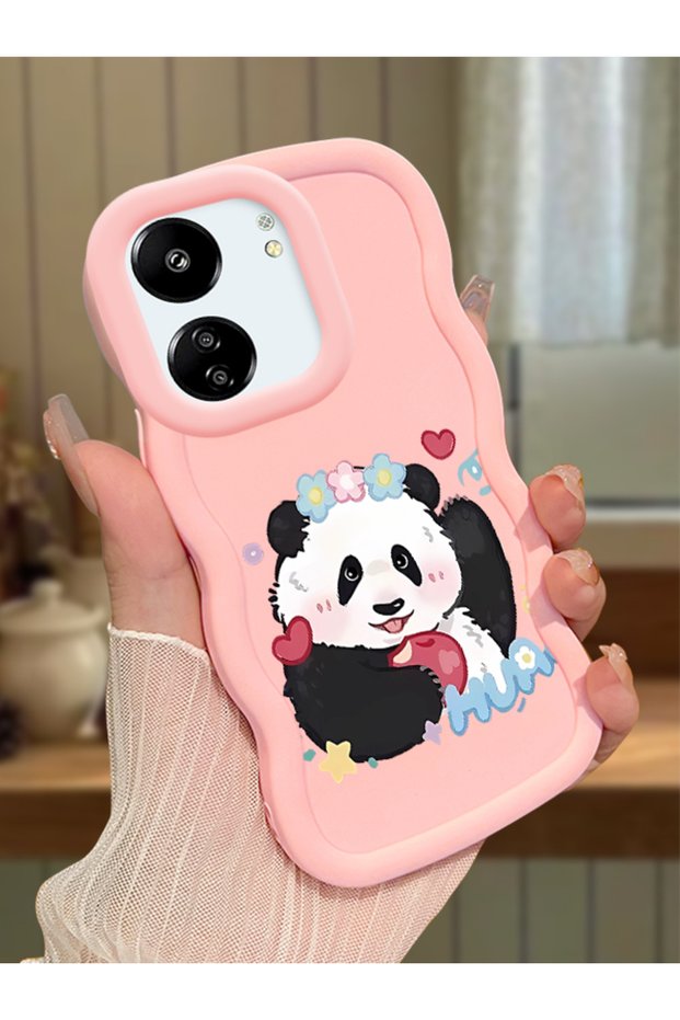 Poco C65 Compatible Case Camera Protector Pink Silicone Couple Phone Case Panda Pattern