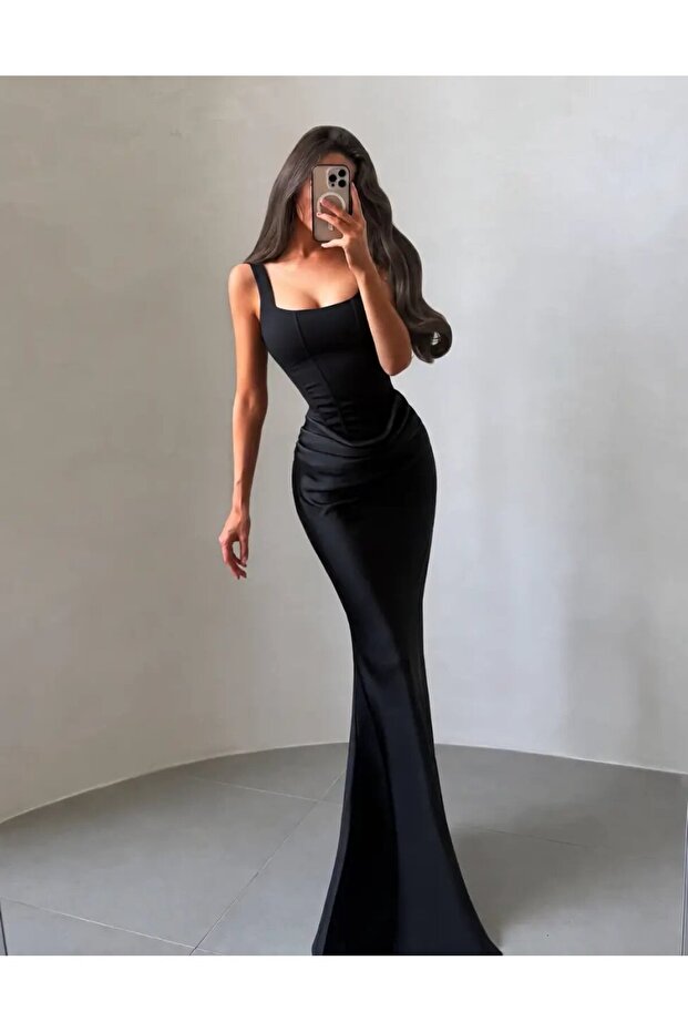 Maxi Length Lace-Up Adjustable Corset Detailed Dress – Black