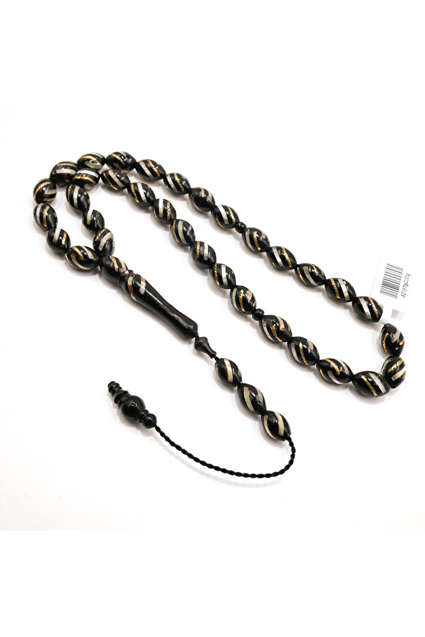 Kuka Wood Bead Strand 33 Beads 7.5x11.5mm Black Oval Beads 20.5g Copper & Silver Inlay