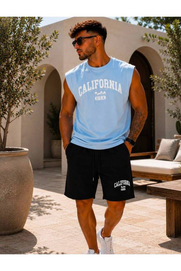 Men's California Printed Zero Sleeve Basic Shorts Set - 1