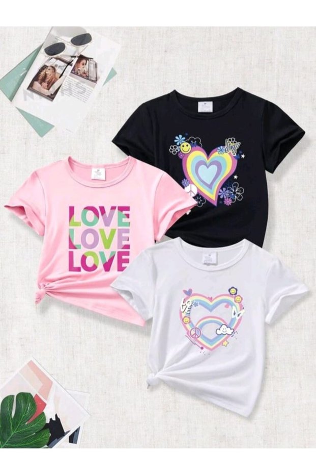 New Season 3-Piece Set Girls' T-Shirt, Multi-Color, 100% Cotton