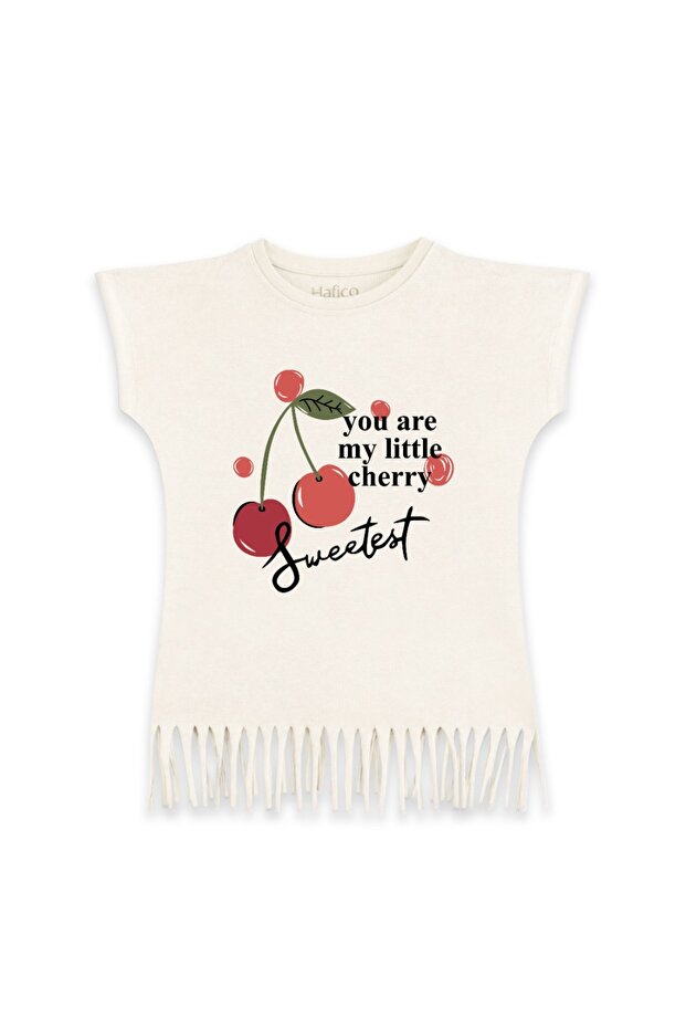 Girl's 100% Cotton Cherry Printed T-Shirt with Tassels