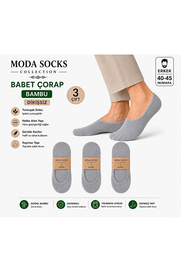 Bambu Babet Erkek Çorabı 3 Çift Gri
