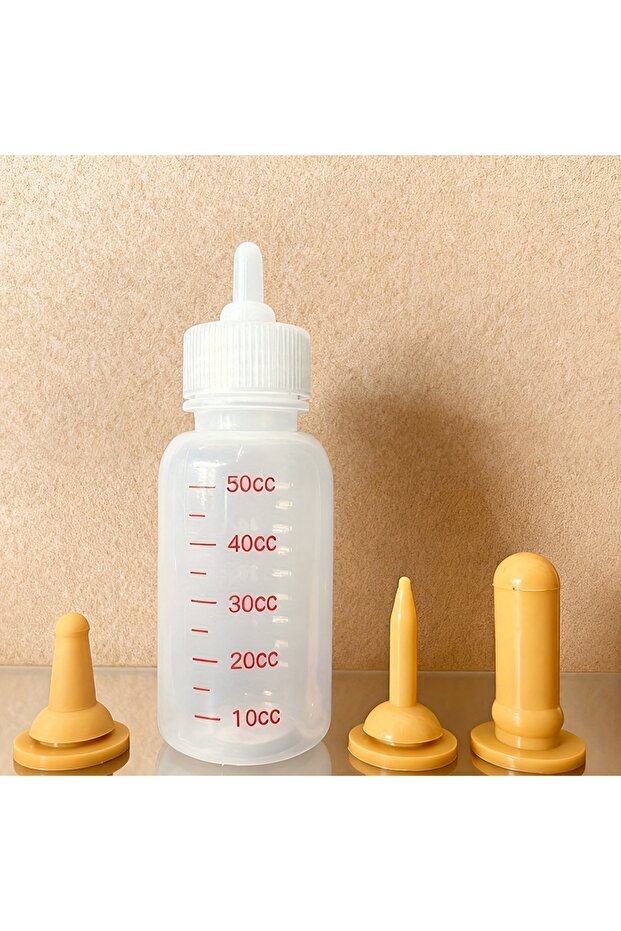 Yellow 50ml Pet Feeding Bottle Set, Milk Bottles for Puppies and Kittens, 3 Replaceable Nipples, S