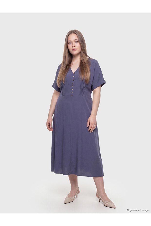 Alita City Plus Size V-Neck Dress with Pleated Detail