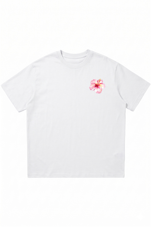 Hibiscus Printed White Oversize Crew Neck T-Shirt