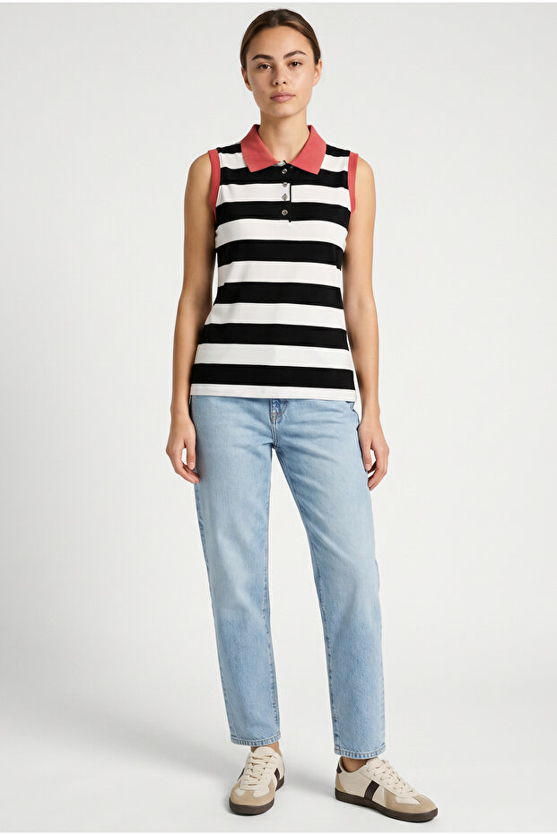 Sleeveless Polo Neck Striped T-Shirt - Black