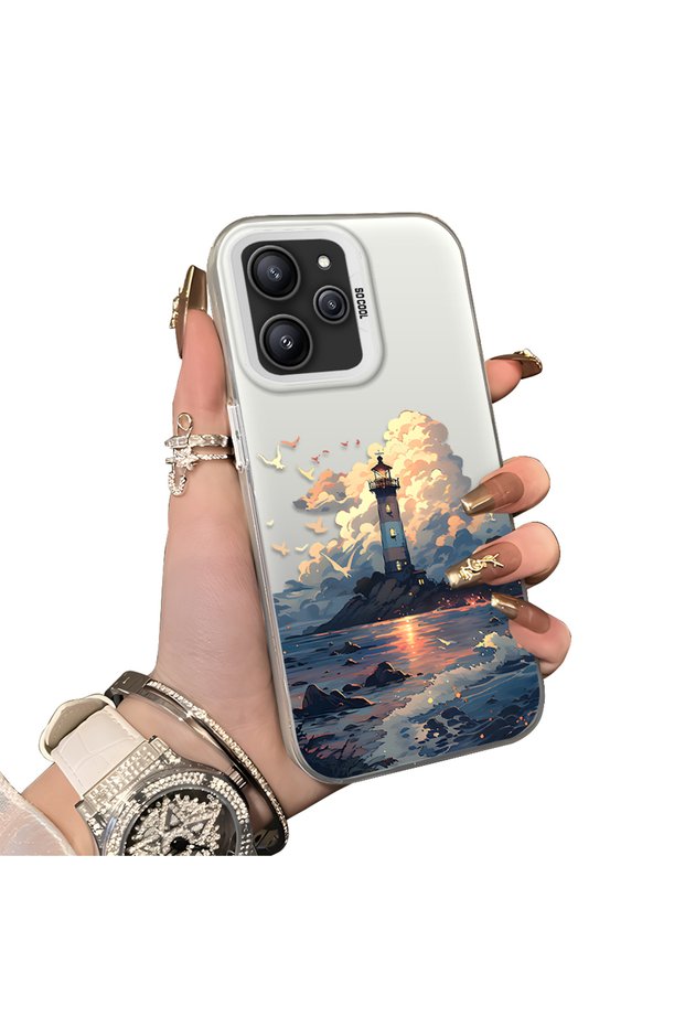 Redmi 12 Compatible Silicone Edge Hard Back Case Couple Phone Case Tower Pattern