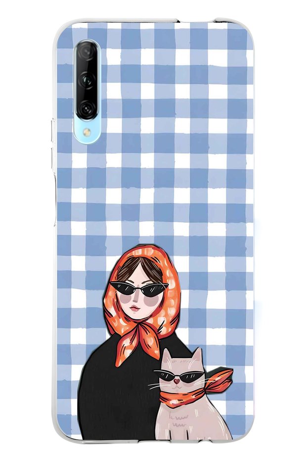 Huawei P Smart Pro Compatible Transparent Phone Case with Shawl and Cat Pattern for Women