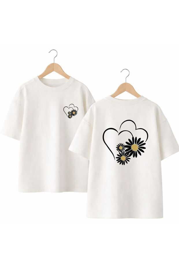 Daisy Double Heart Printed on the Back and Front Chest, 100% Cotton Oversize Loose Regular Fit Crew Neck T-Shirt