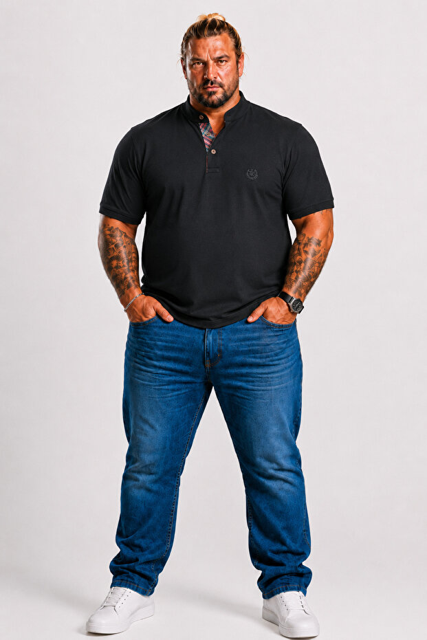 Men's Large Size Single Jersey Polo T-Shirt with Stand Collar 26400 Black