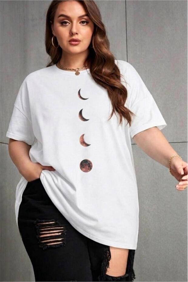 Moon Women's Large Size Oversized Printed Crew Neck Cotton T-Shirt Relaxed Fit Unisex Lover Combi