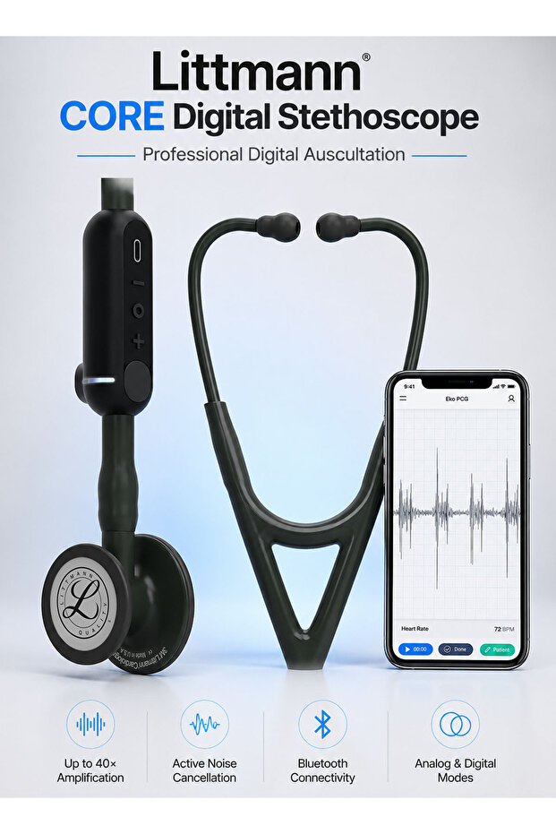 CORE Digital Stethoscope Black 27 Inch with 40x Amplification, Active Noise Cancellation, Bluetooth, Eko Software, Analog Digital Modes, Adult Pediatric Use, USB-C Rechargeable