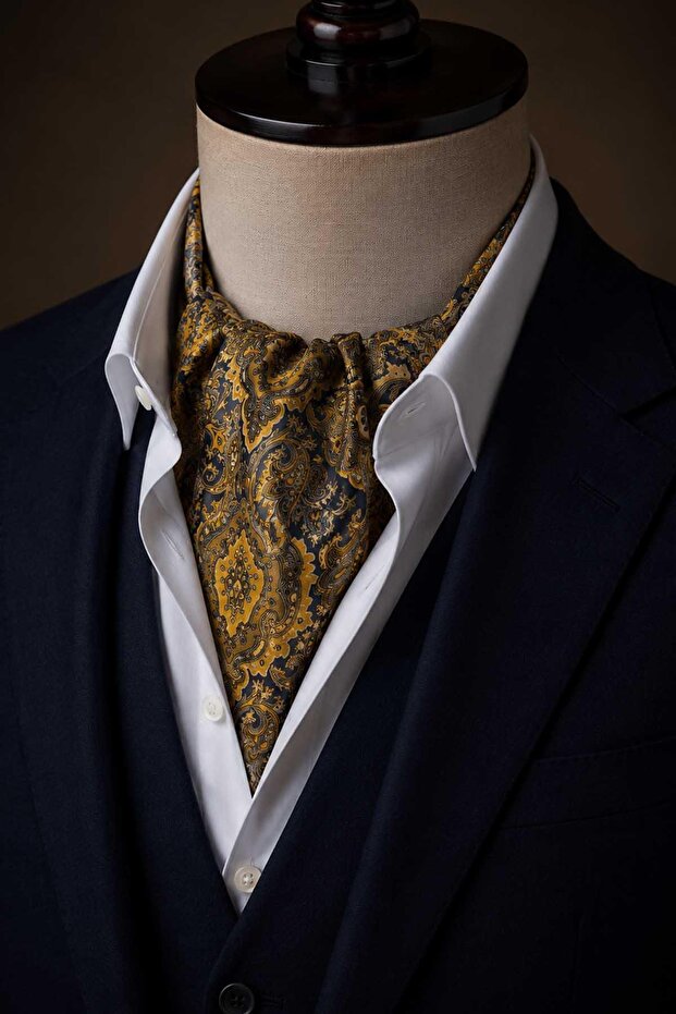 Yellow Navy Blue Shawl Pattern Italian Silk Ascot Tie Sac87
