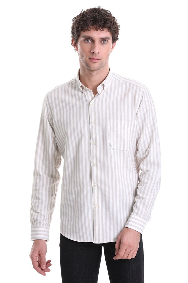 Beige Slim Fit Striped Stand Collar Cotton Long Sleeve Casual Shirt