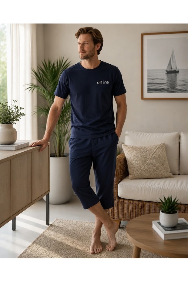 Men's Short Sleeve Crew Neck'Offline' Printed 100% Cotton Capri Pajama Set