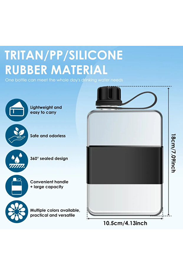 Black 500ML Water Bottle Flat Slim Drinking Bottle Portable Traveling Handheld Water Mug for Outdoor