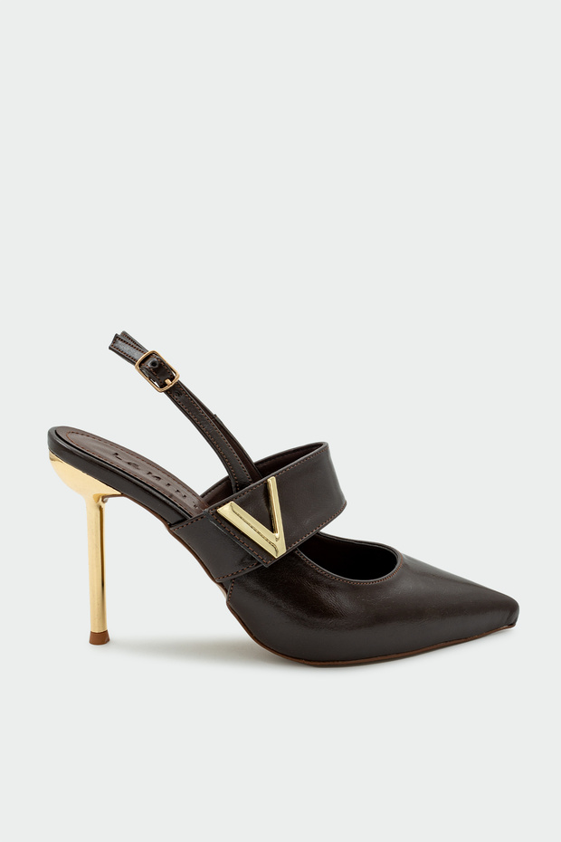 Aden Women's Bitter Brown Heeled Shoes with Gold Accessories