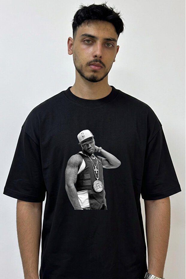 50 Cent_49 Design Printed Oversize Black T-Shirt