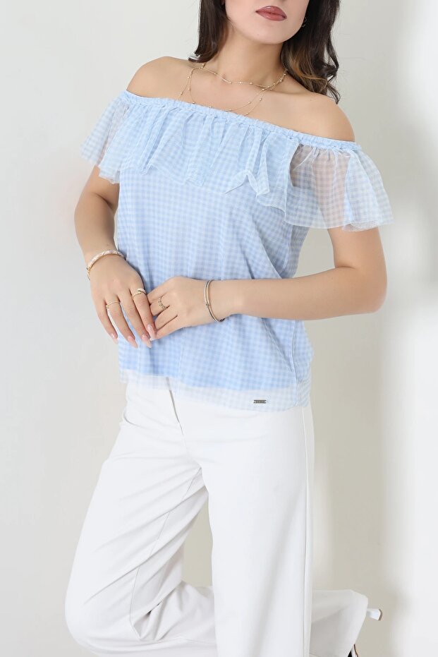 Women's Blue Gingham Patterned Blouse with Flounces and Tulle Detail İex502