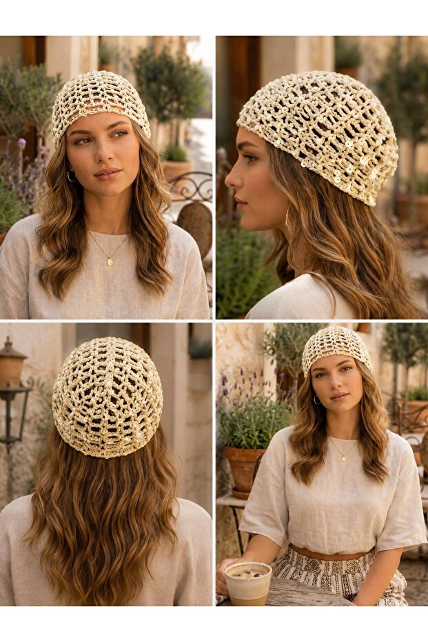 Bohemian Mesh/Cage Motif Large Sequined Ecru Color Hand Knitted Flexible Summer Beanie