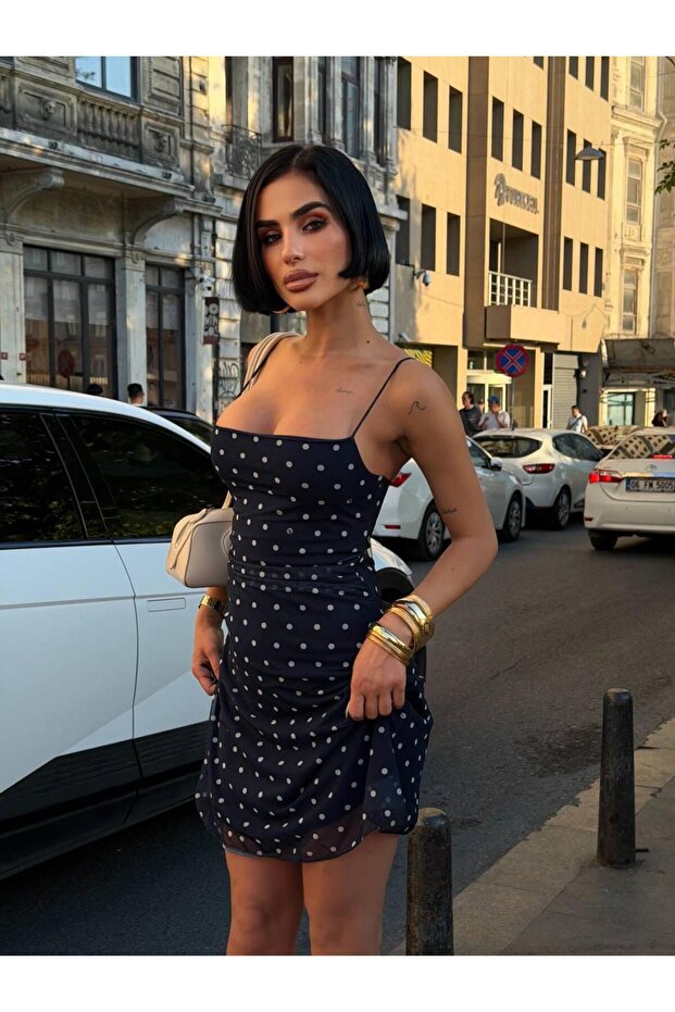 Premium Trend Chiffon Polka Dot Patterned Thin Strap Mini Dress