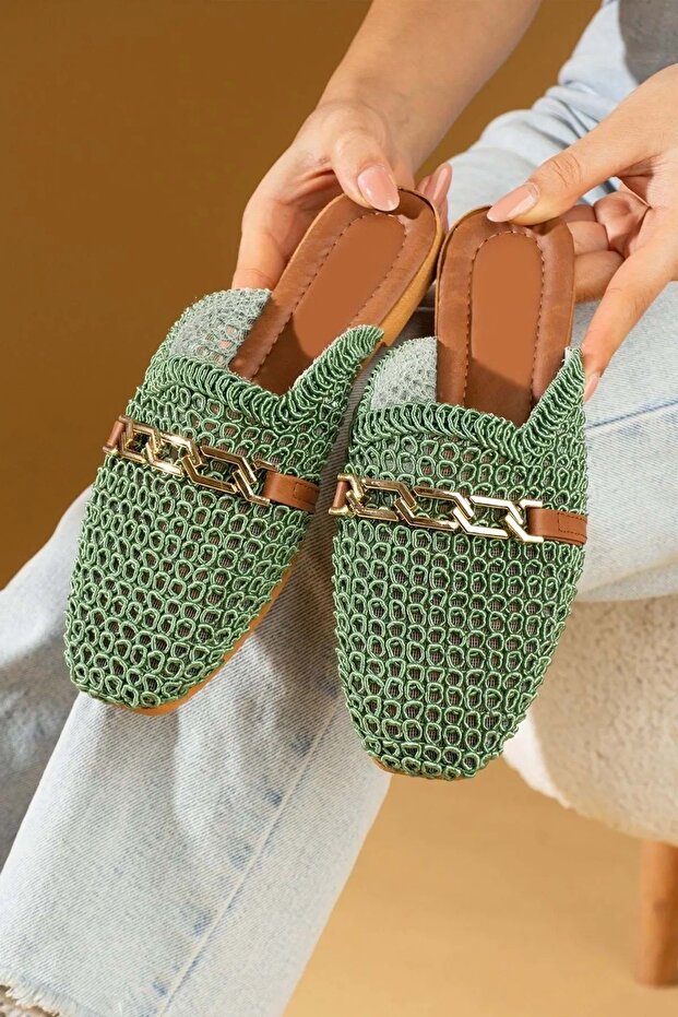 Estelya Chain Belted Slippers with Embroidery Detail