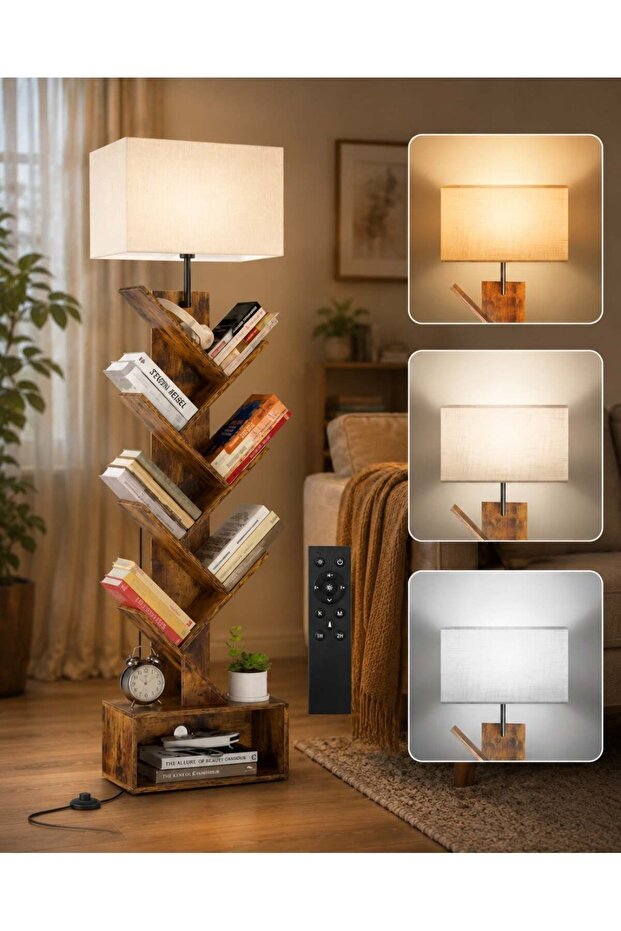 6-Layer Solid Wood Tree Bookshelf with Drawer, Light& Remote, Retro Storage Rack for Books