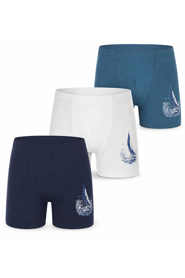 Boys' 3-Piece Boxer Underwear Cotton Printed Underwear Set Navy Blue White Blue
