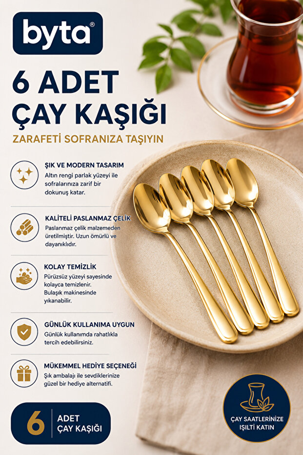 6-Piece Gold Color Tea Spoon Set Stainless Steel Gold Tea, Coffee and Dessert Spoon