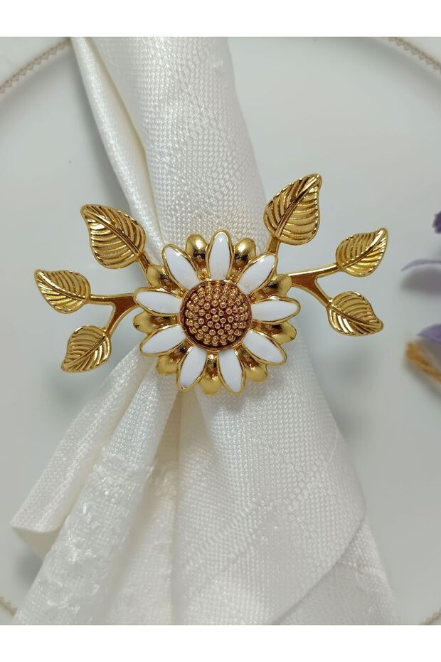 Set of 6 Gold Plated White Enamel Daisy Ring Napkin Rings with Leaves