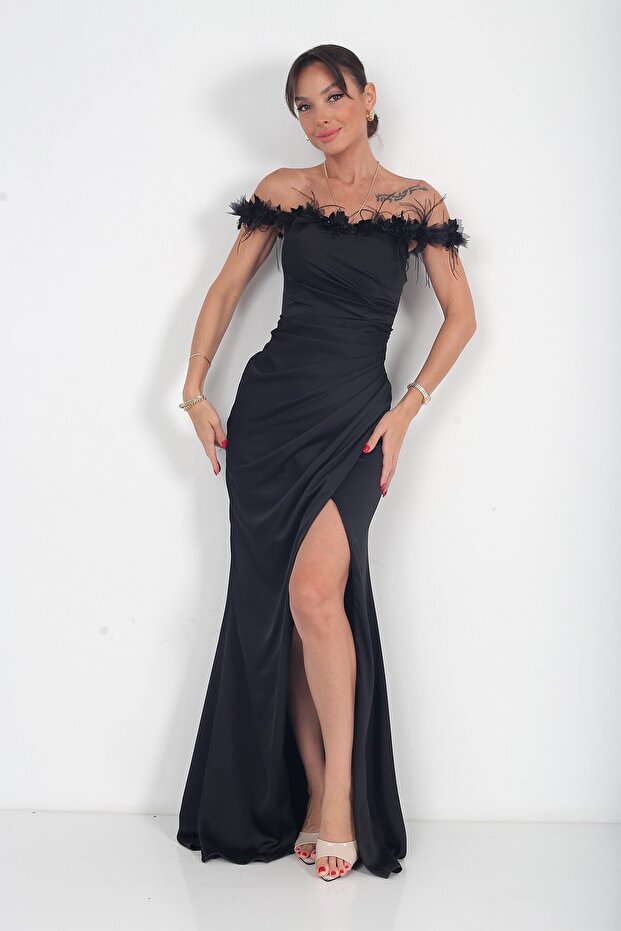Women's Floral Madonna Collar Draped Lined Crepe Satin Long Dress