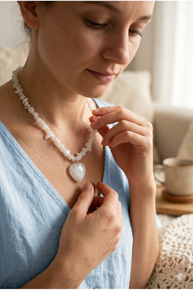 Handmade Heart Shaped Moonstone Pendant with Pendant Chain and Cracked Stone Necklace