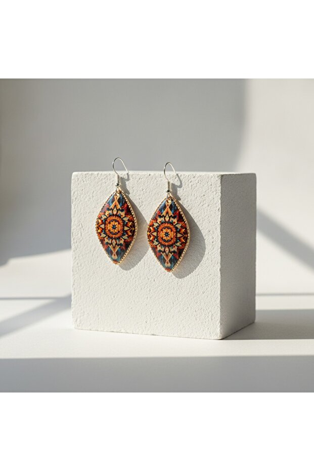 Copper Orange Mandala Patterned Dangle Earrings