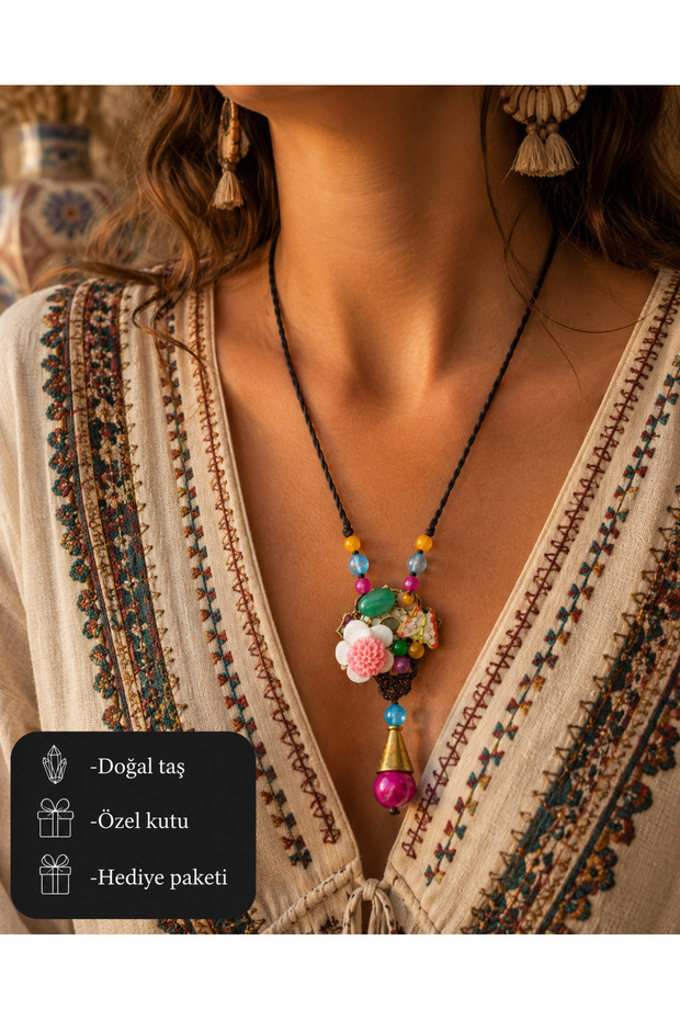 Aveline Bohemian Natural Stone Flower Detailed Handmade Long Rope Necklace