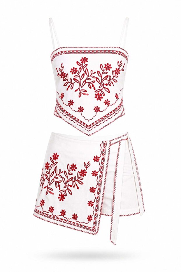 Red Embroidered Blouse Skirt Set 6826