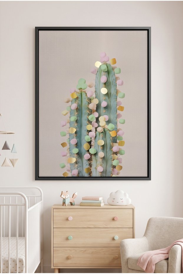 Pastel Cactus Kids Wall Art | Portrait Framed Canvas Print with Gold Foil Embossed | Luxury Islamic Decor for Kids Room