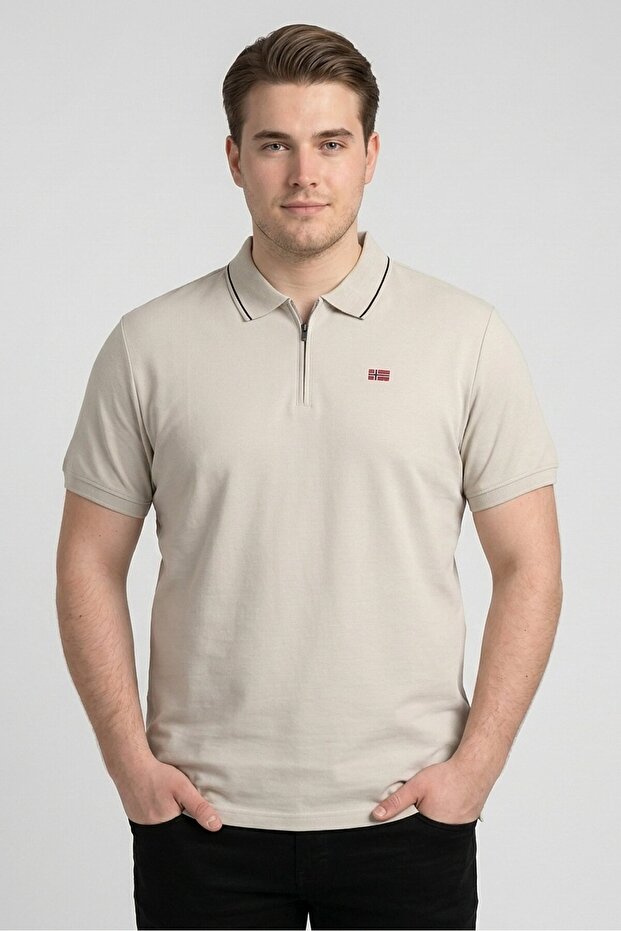 Men Regular Fit Short Sleeve Embroidered Logo Polo Shirt, Stone Grey
