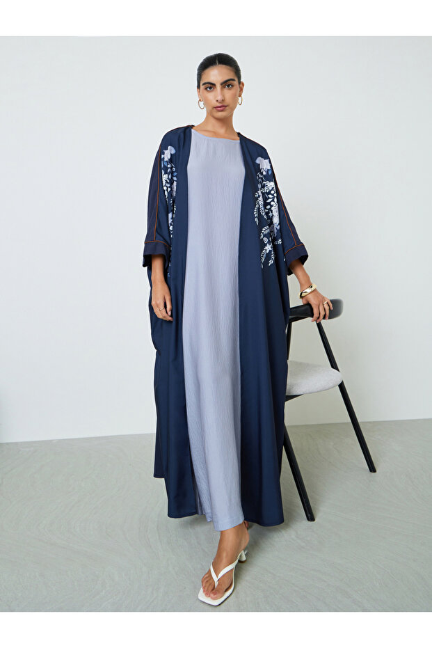 Navy Blue Floral Print Abaya