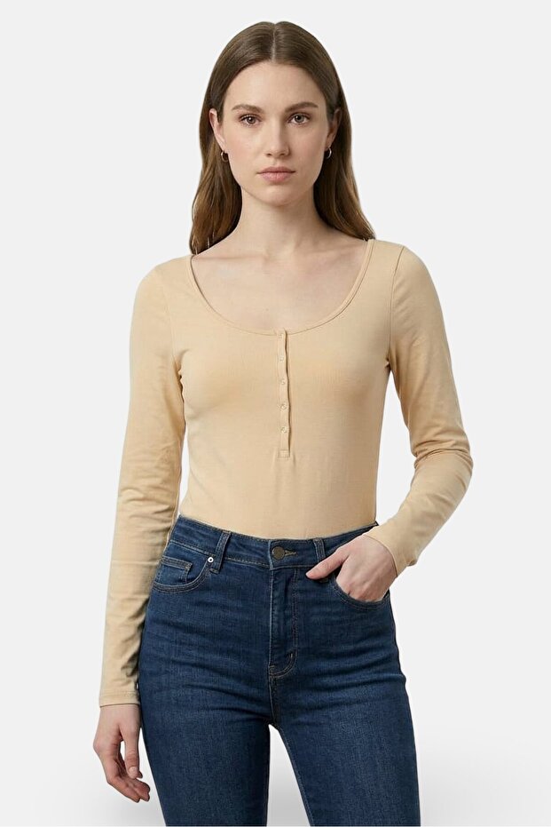 Women Solid Long Sleeve Bodysuit, Tan