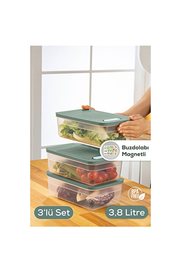3-Piece Adjustable Green Vegetable and Fruit Storage Container, 3.8 L