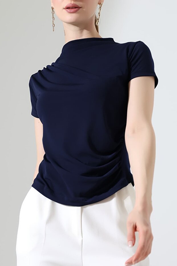 Sandy Fabric Degaje Collar Draped Short Sleeve Women's Blouse