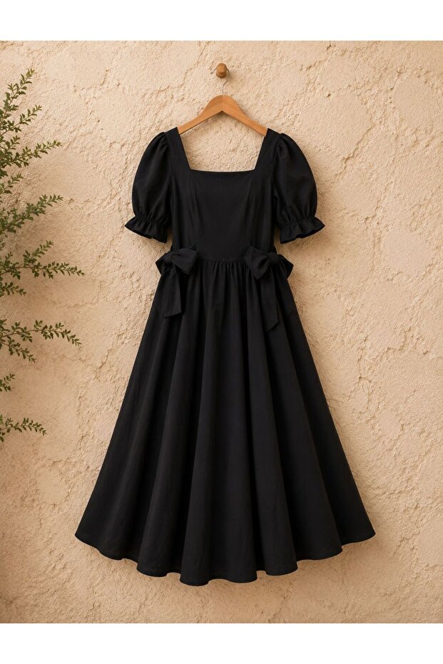 Black Square Neck Flared Poplin Dress with Side Bow