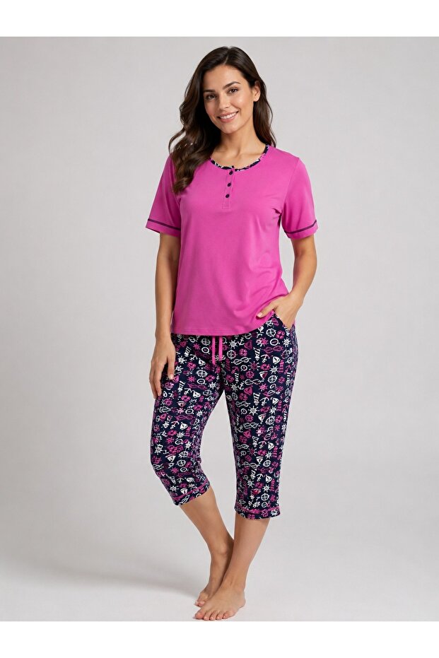 Women's Plus Size Modal Fabric Short Sleeve Buttoned Collar Capri Suit Pajama Set 50% Cotton 50% Modal