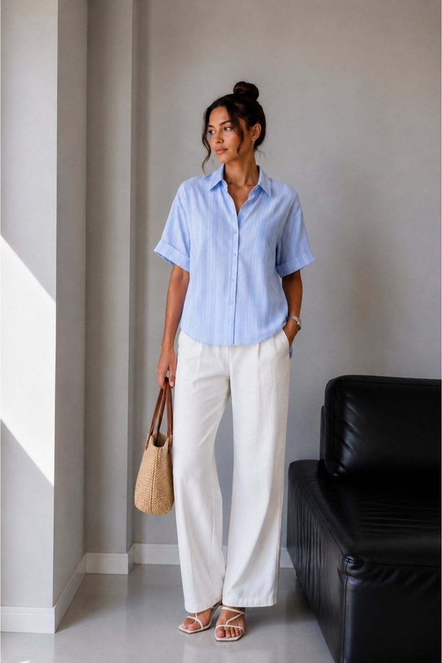1030 Women's Cotton Striped Lightly Transparent Short Sleeve Oversize Shirt Baby Blue