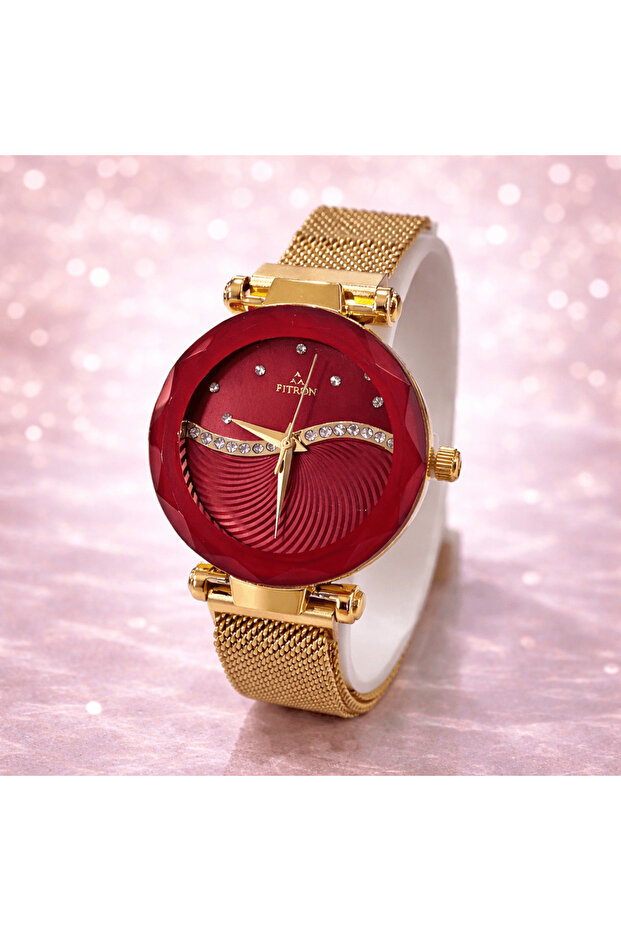Red Dial Crystal Women’s Watch Gold Mesh Strap Elegant